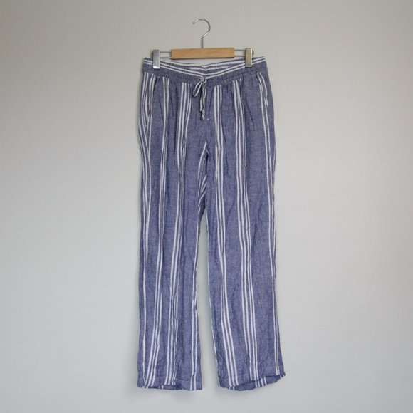 Old Navy Blue White Striped High Rise Wide Leg Linen Trousers Pants w Pockets - Picture 5 of 8